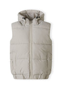 Boys padded gilet with hood, grey, front view, features full zip and side pockets.