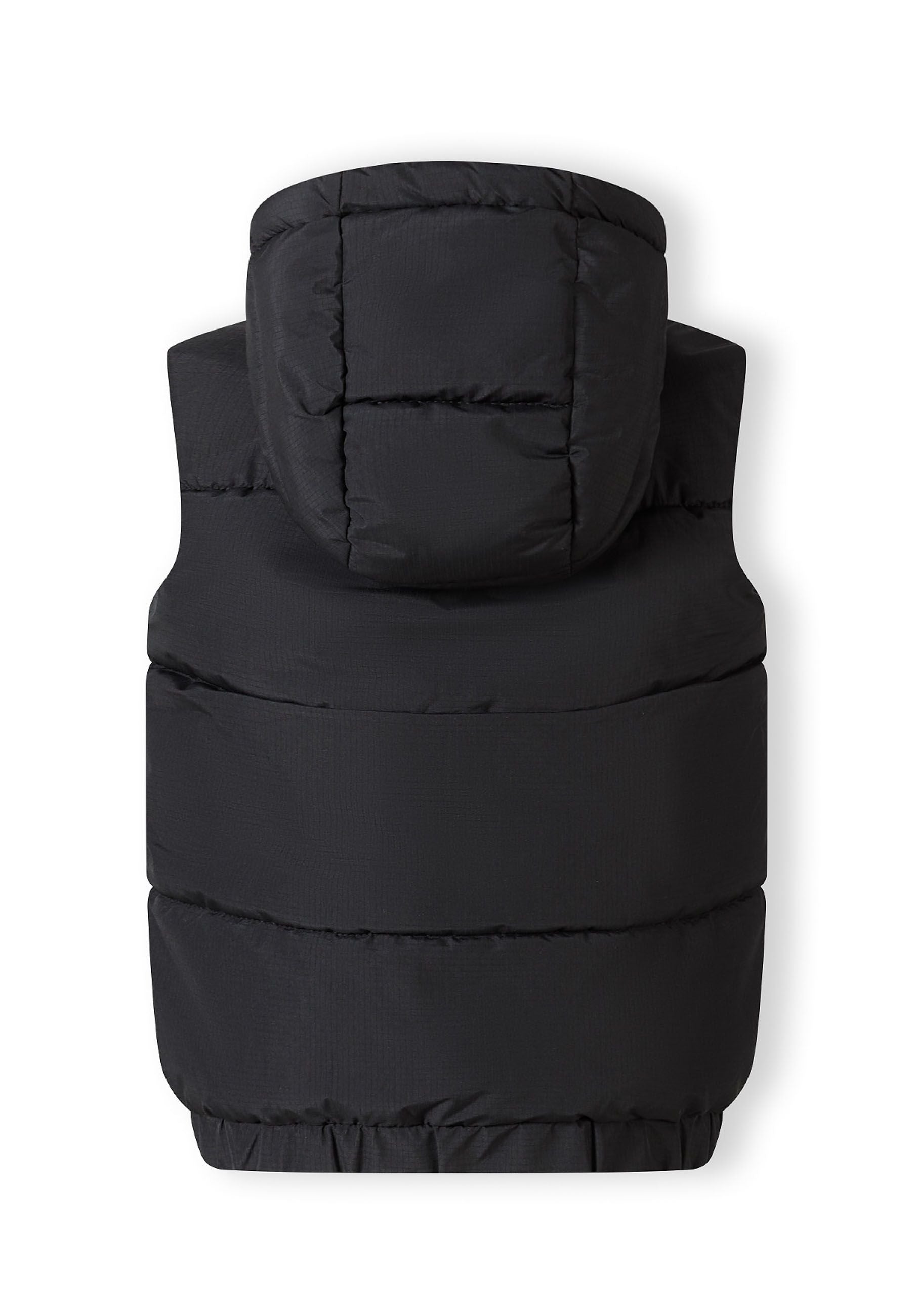 Boys padded gilet, black, back view, features a hood and elasticated hem.