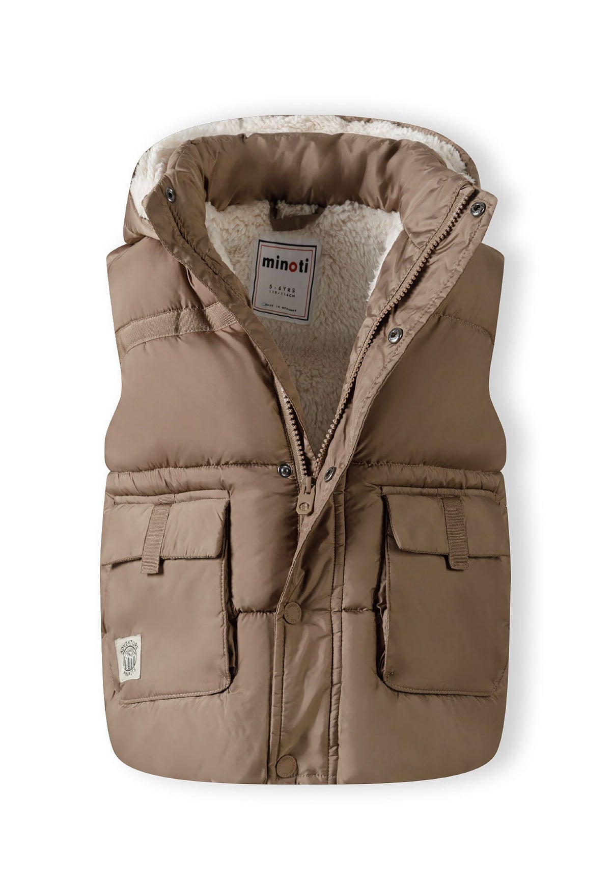 Brown padded gilet, open front showing lining.