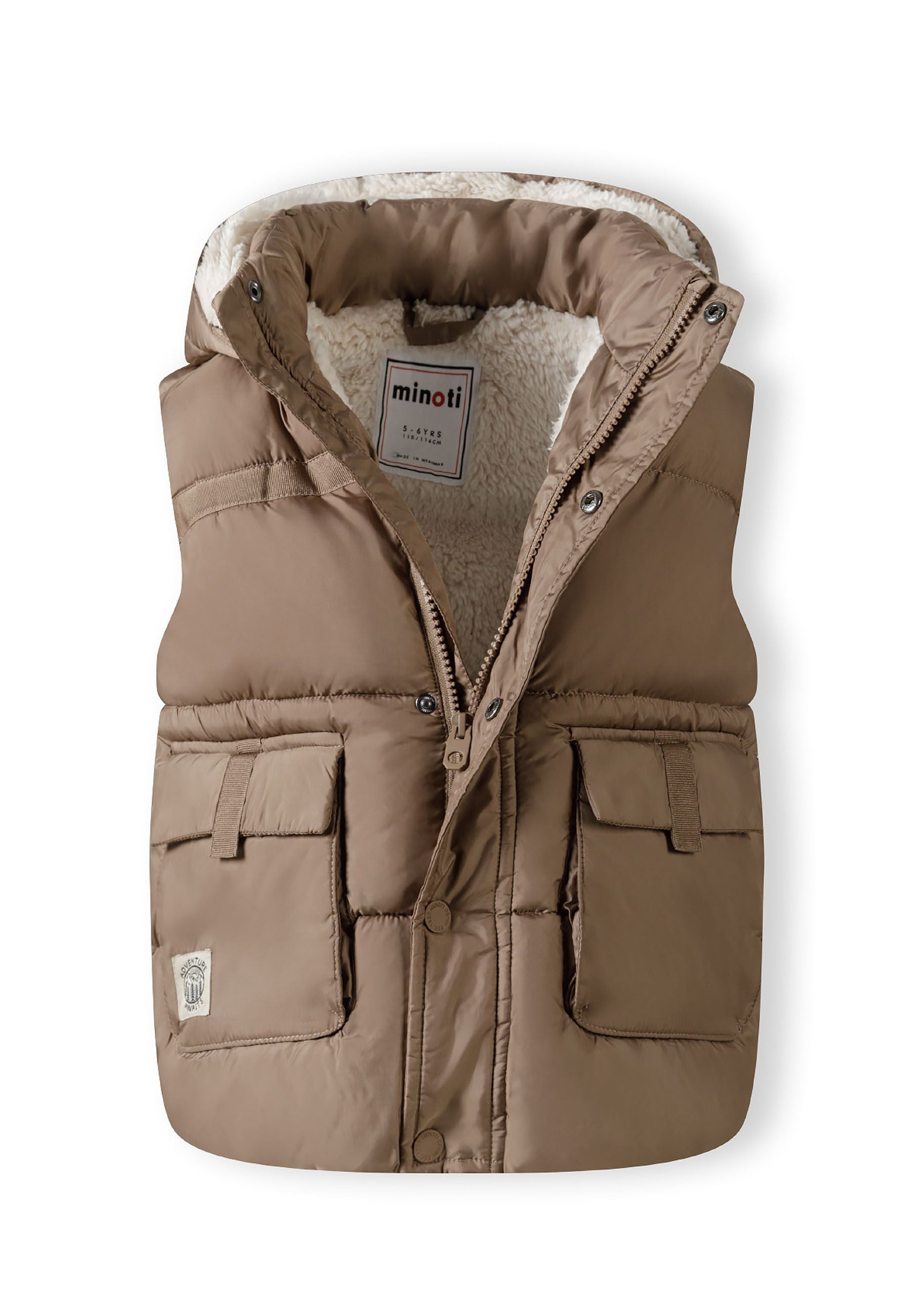 Beige boys gilet with fixed hood, zip closure, and snap pockets, front view.