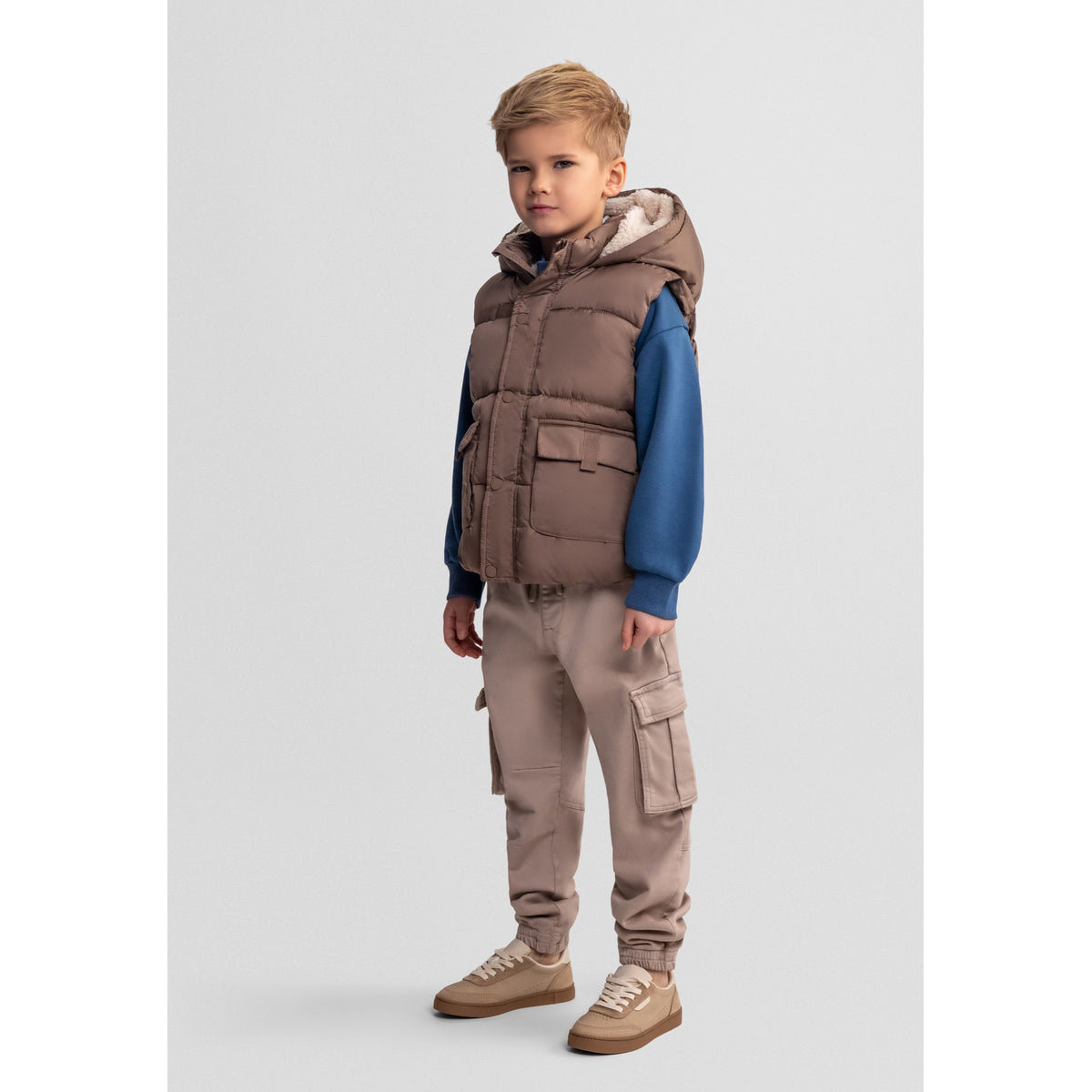 Boys' padded gilet in brown — complete product view for square Shop card