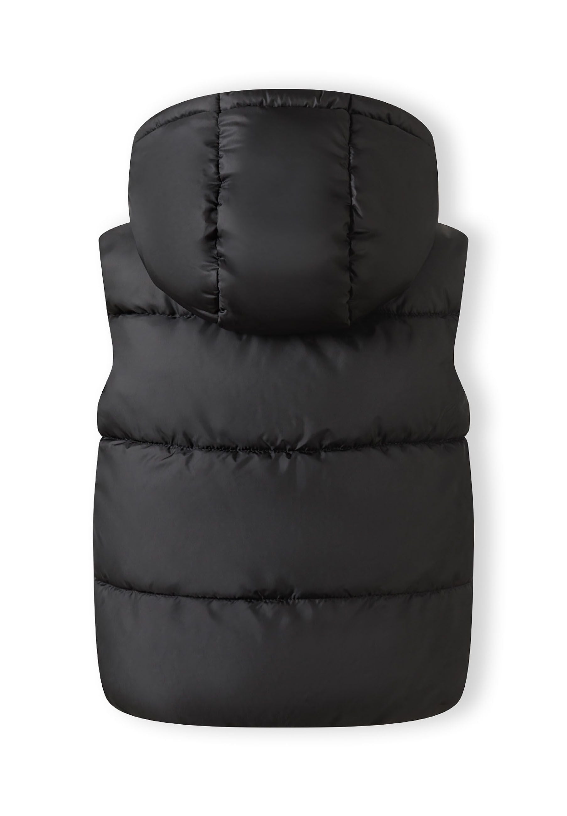 Boys black gilet with hood, back view, featuring quilted design and elasticated hem.