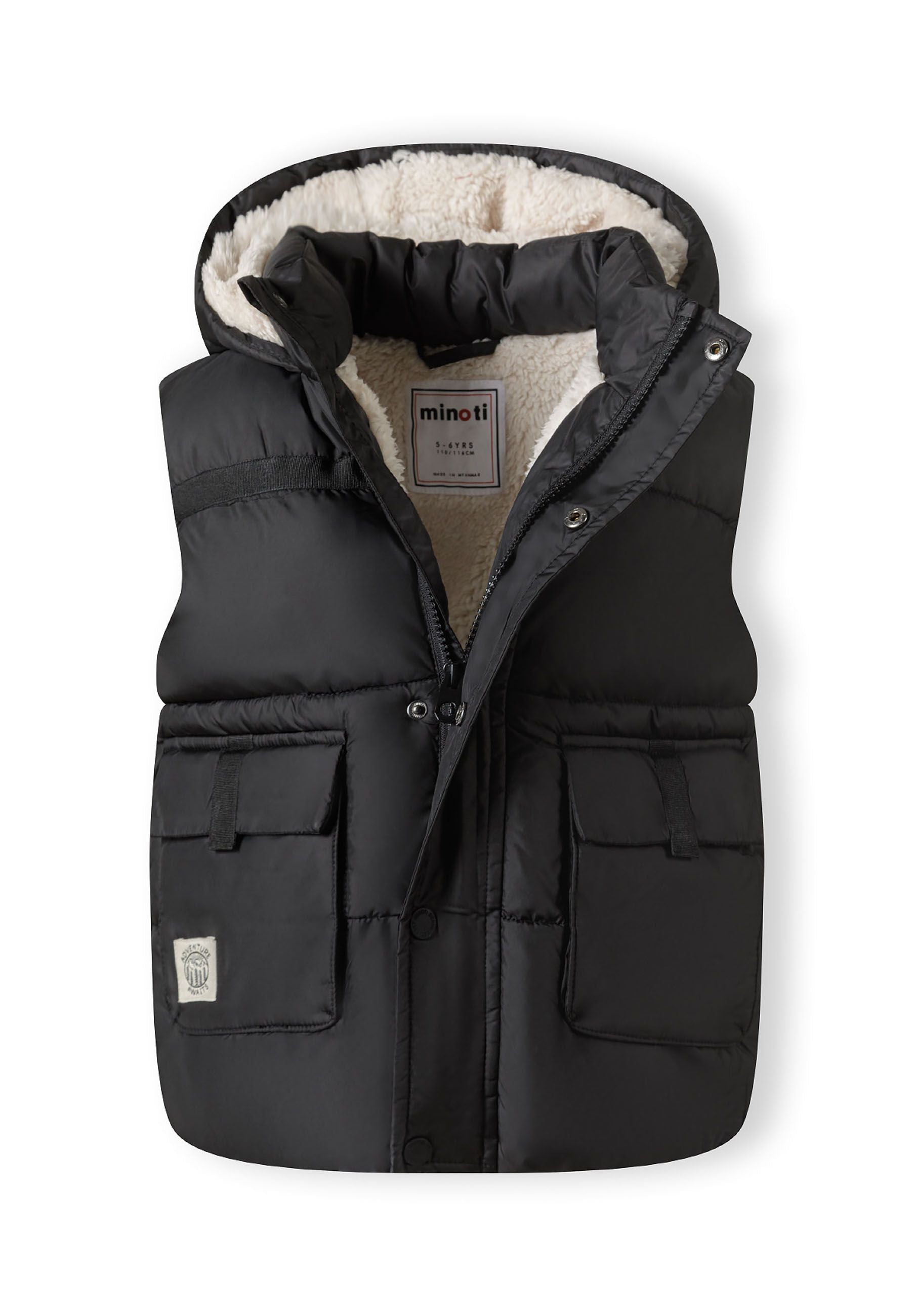 Boys black gilet with hood, front zip and snap-button placket, two front pockets, detail.