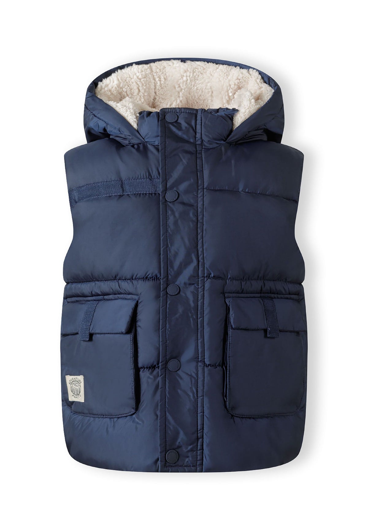 Navy padded gilet, front.