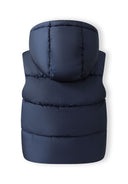 Boys navy gilet with hood, back view, featuring quilted design and elasticated hem.