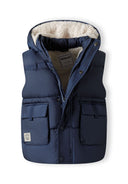 Boys navy gilet with hood, snap pockets, and zip closure, front view.