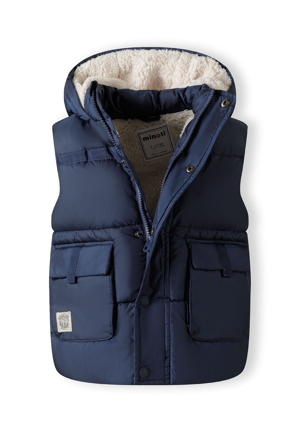 Navy padded gilet, open front showing lining.