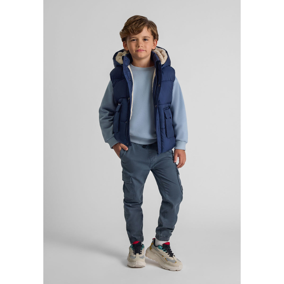 Boys' padded gilet in navy — complete product view for square Shop card