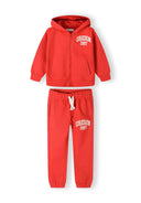 Red zip-through hoodie and jogger set for boys, featuring ribbed cuffs and elasticated waistband.