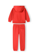 Boys red zip-through hoodie and jogger set, back view, features fixed hood and ribbed cuffs.