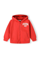 Red zip-through hoodie for boys with fixed hood and front pockets.