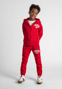 Boys red zip-through hoodie and jogger set, front view, features ribbed cuffs and logo print.