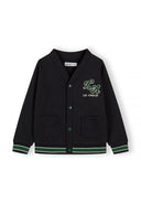 Boys buttoned sweatshirt in navy with chest applique, front view, featuring two patch pockets and ribbed cuffs.