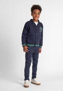 Boys buttoned sweatshirt in navy with chest applique, front view, features ribbed cuffs and two patch pockets.