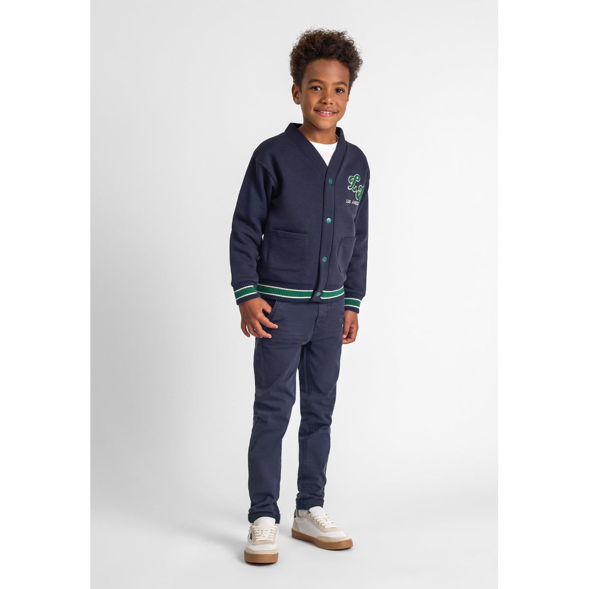 Boys' varsity cardigan in navy — complete product view for square Shop card