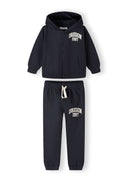 Boys navy zip-through hoodie and jogger set, features raised graphics and elastic waistband.