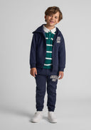 Boys zip-through hoodie and jogger set in navy, featuring raised graphics and elastic waistband.