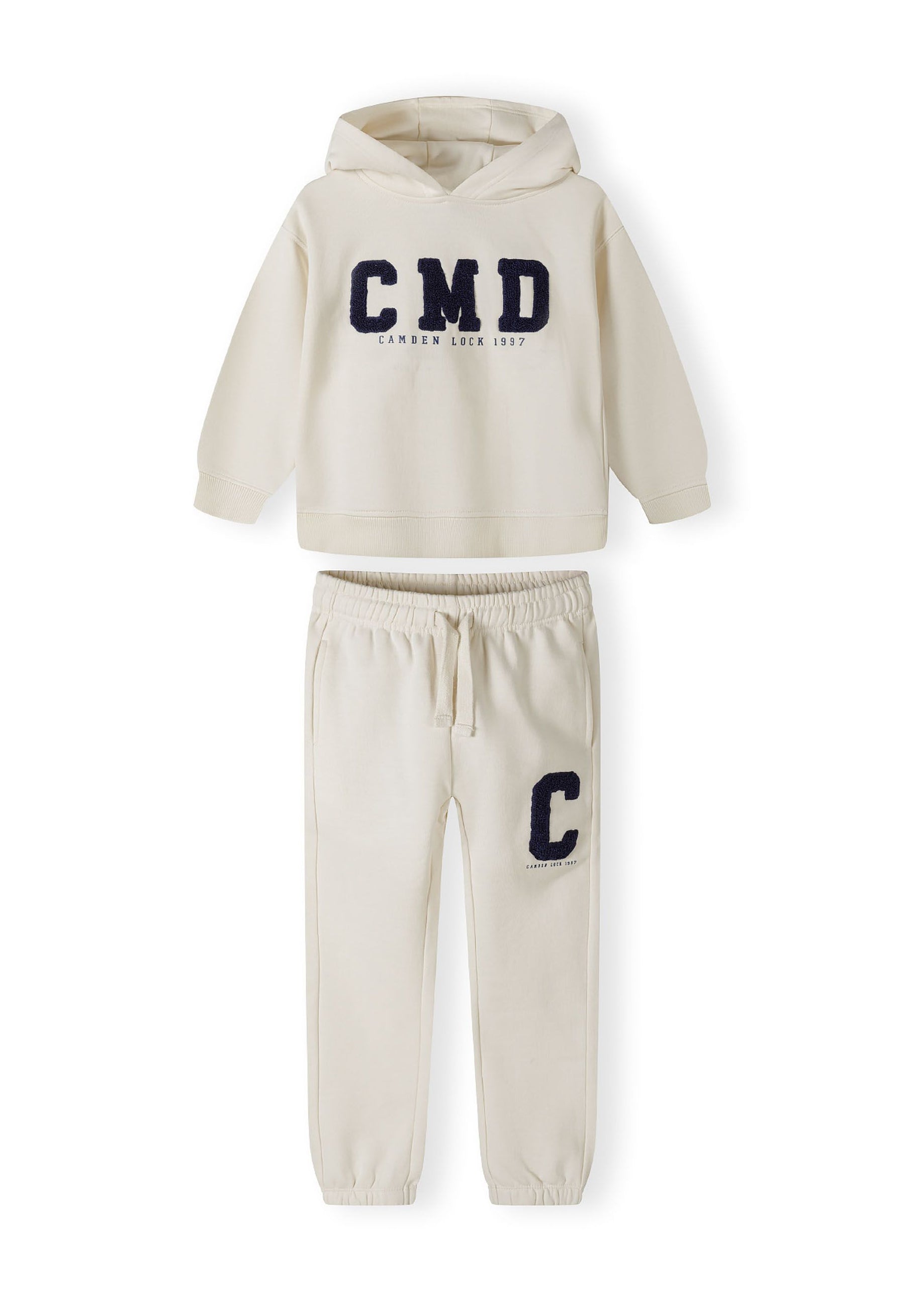 Boys cream hoodie and joggers set, front view, featuring boucle embroidery.