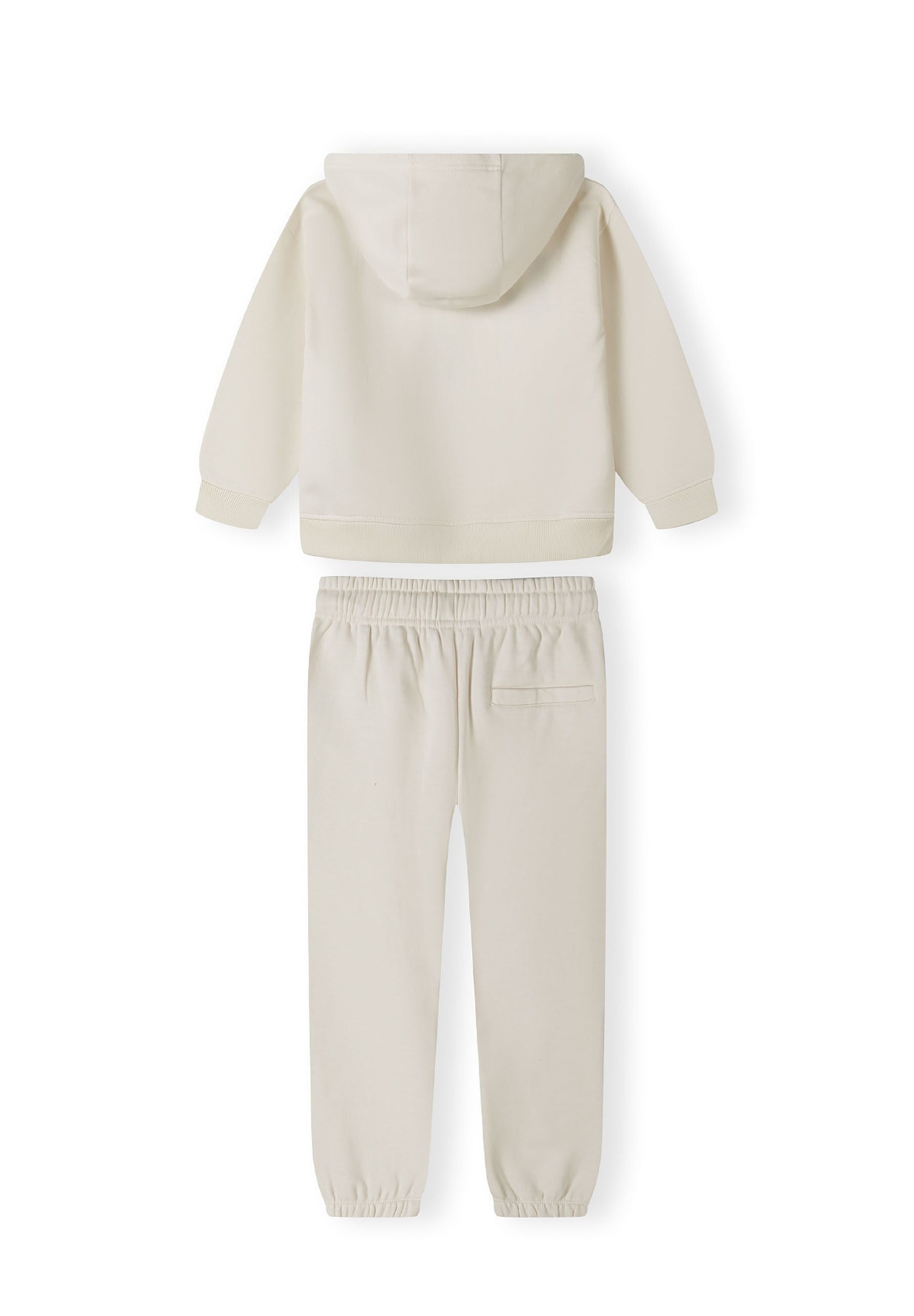 Boys cream hoodie and joggers set, back view, featuring ribbed cuffs and elasticated waistband.