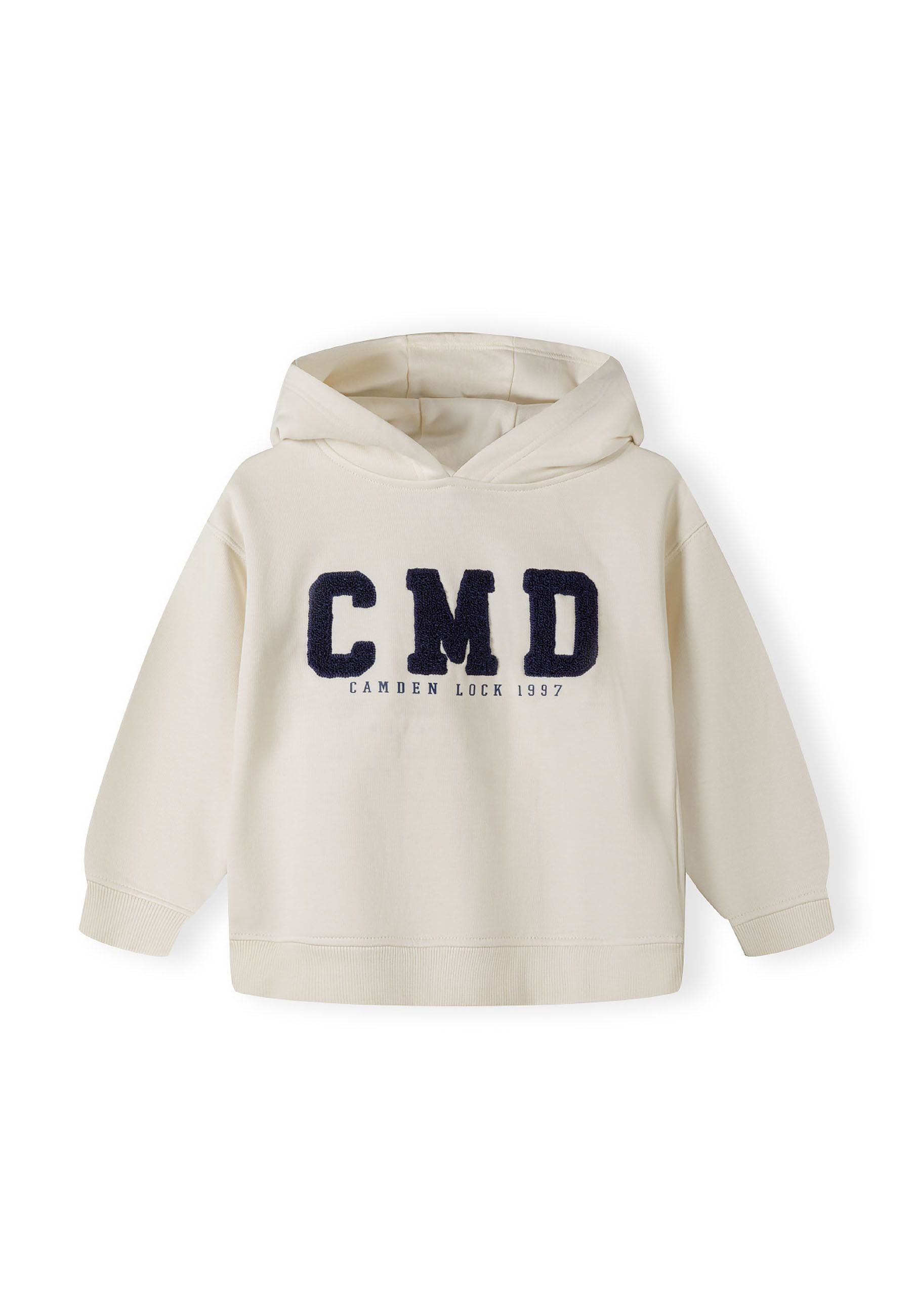 Boys cream hoodie with boucle embroidery, front view, ribbed cuffs.
