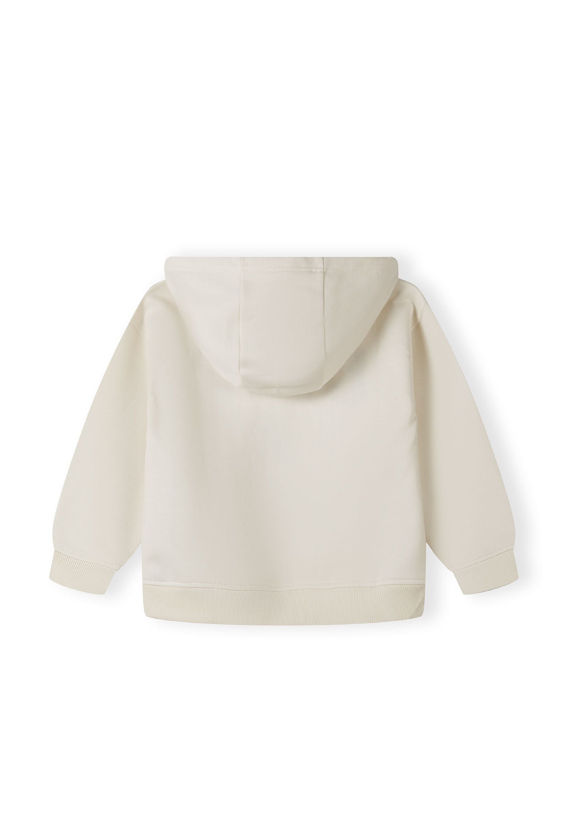 Back view of a cream boys hoodie with a hood and ribbed cuffs.
