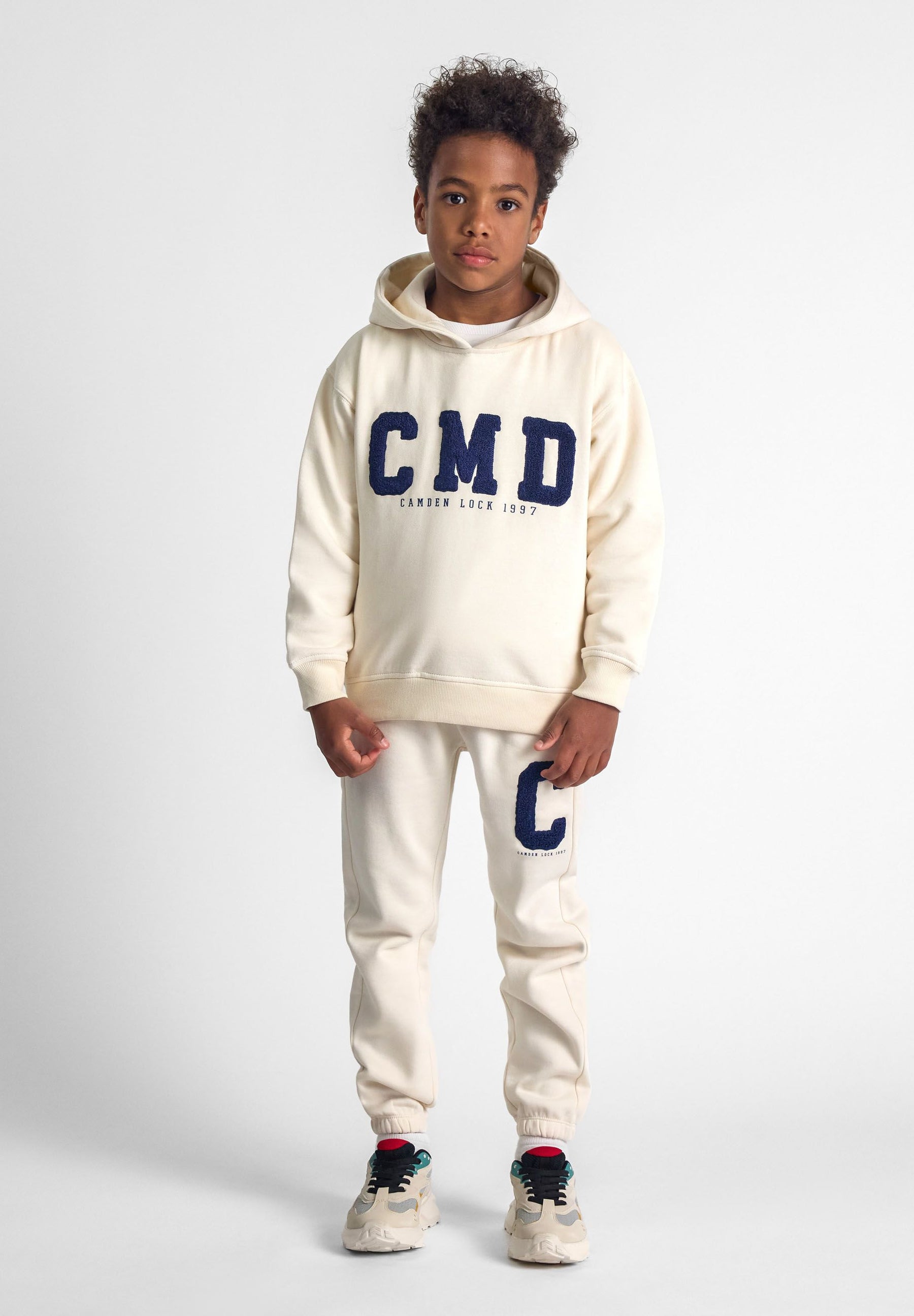 Boys cream hoodie and joggers set, front view, featuring boucle embroidery.