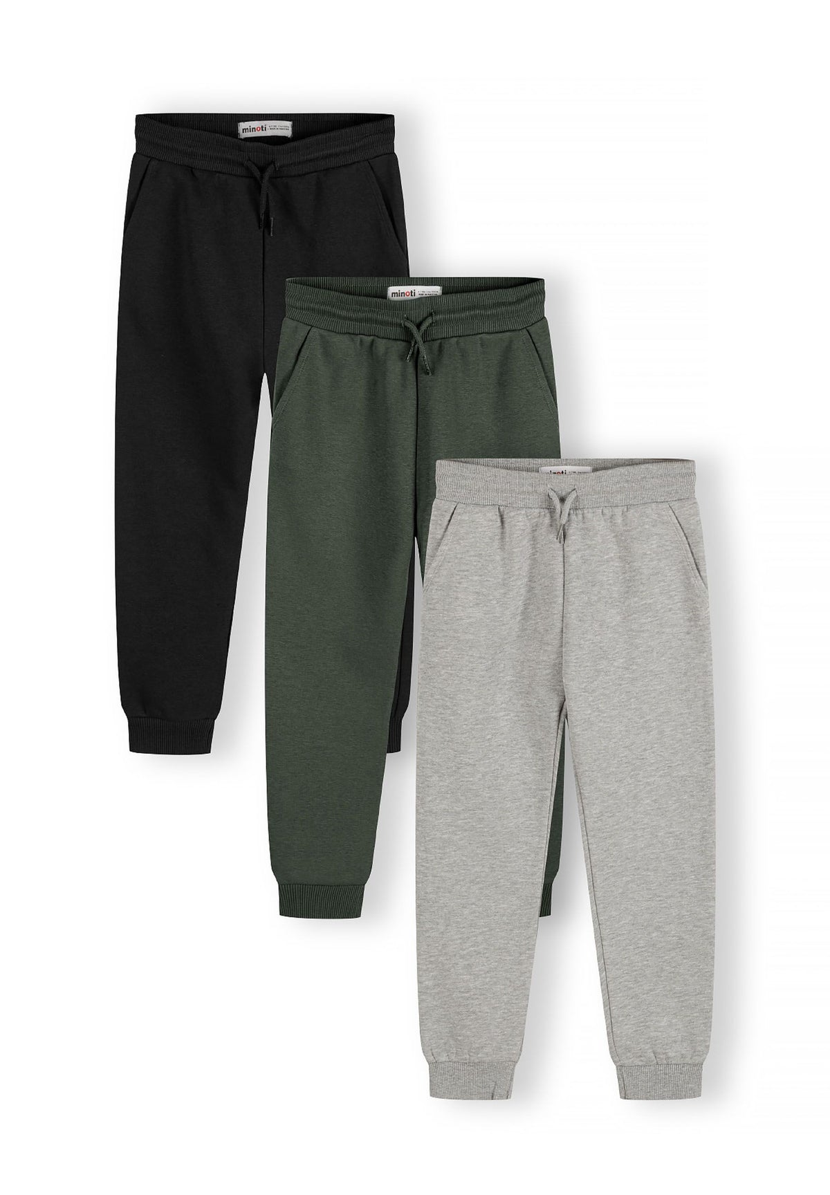 Black, dark green and grey marl joggers, three joggers front.