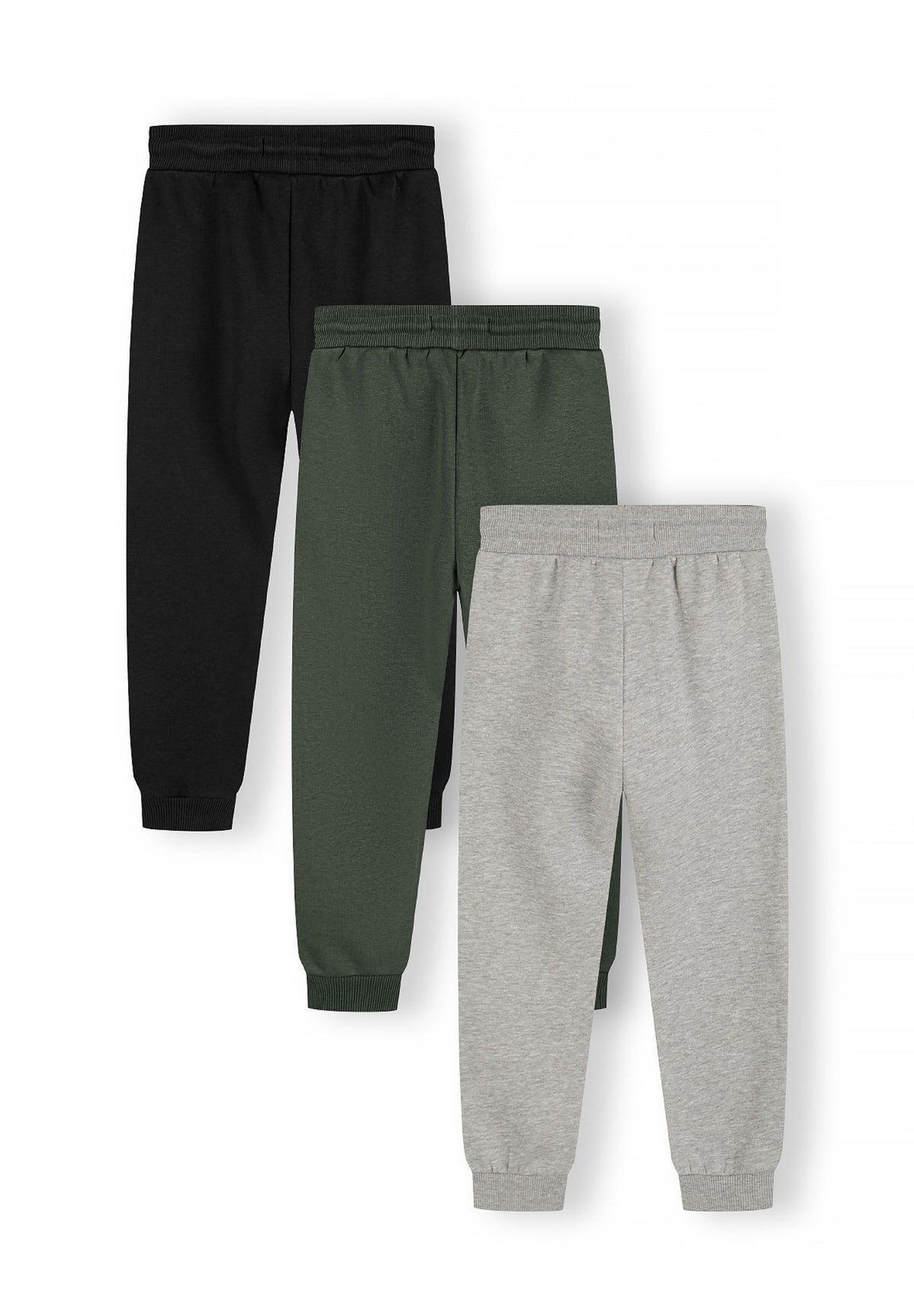 Black, dark green and grey marl joggers, three joggers back.