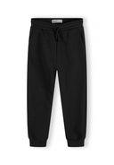 Boys joggers in black, front view with ribbed cuffs and adjustable drawcord.