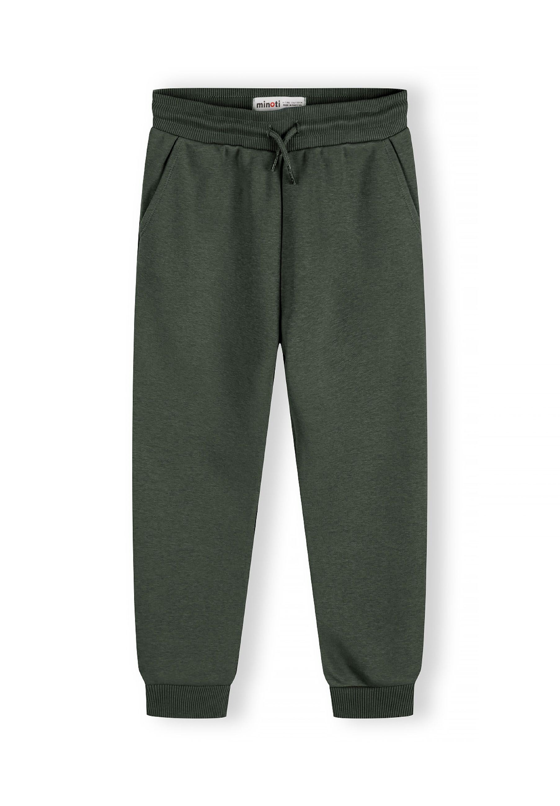 Boys joggers in dark green with ribbed cuffs and adjustable drawcord, front view.