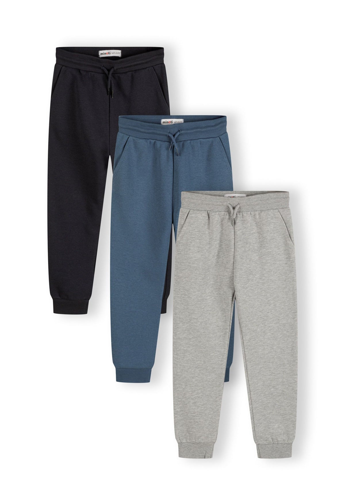 Navy, blue and grey marl joggers, three joggers front.