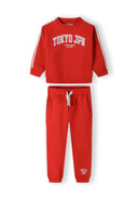 Boys red sweatshirt and joggers set, front view, features Tokyo JPN print and sporty taping.