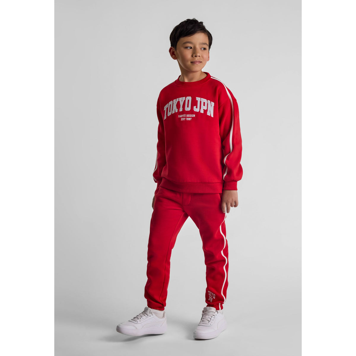 Boys' sweatshirt and joggers set in red and cream — complete product view for square Shop card