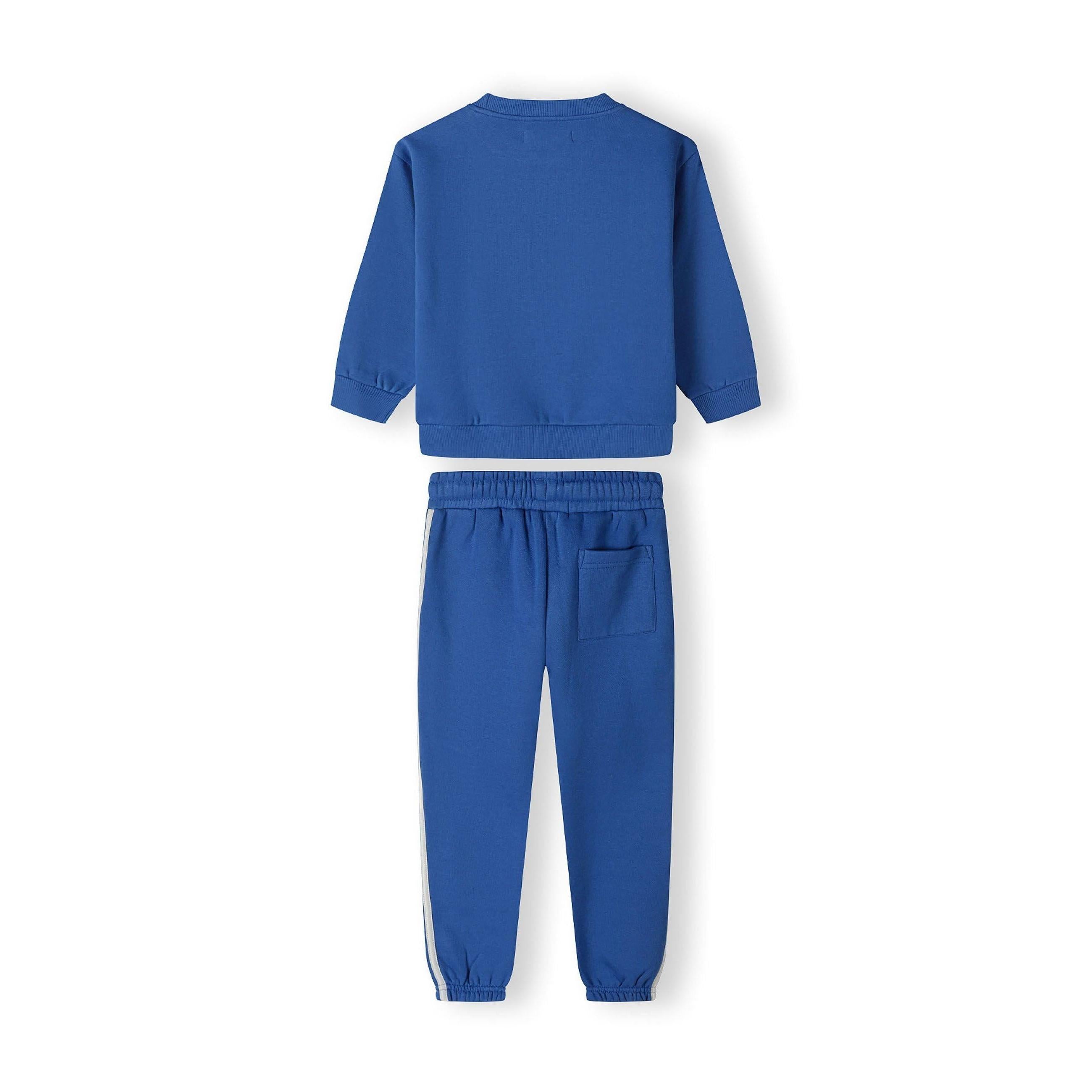 Close-up detail of cobalt blue joggers showing elasticated waistband with white drawstring ties
