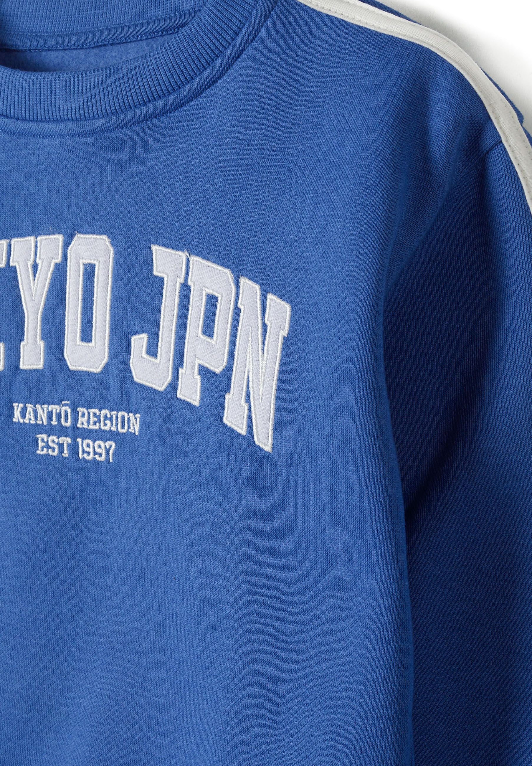 Close-up of cobalt blue sweatshirt with 'TOKYO JPN' embroidery and contrast tape detail.