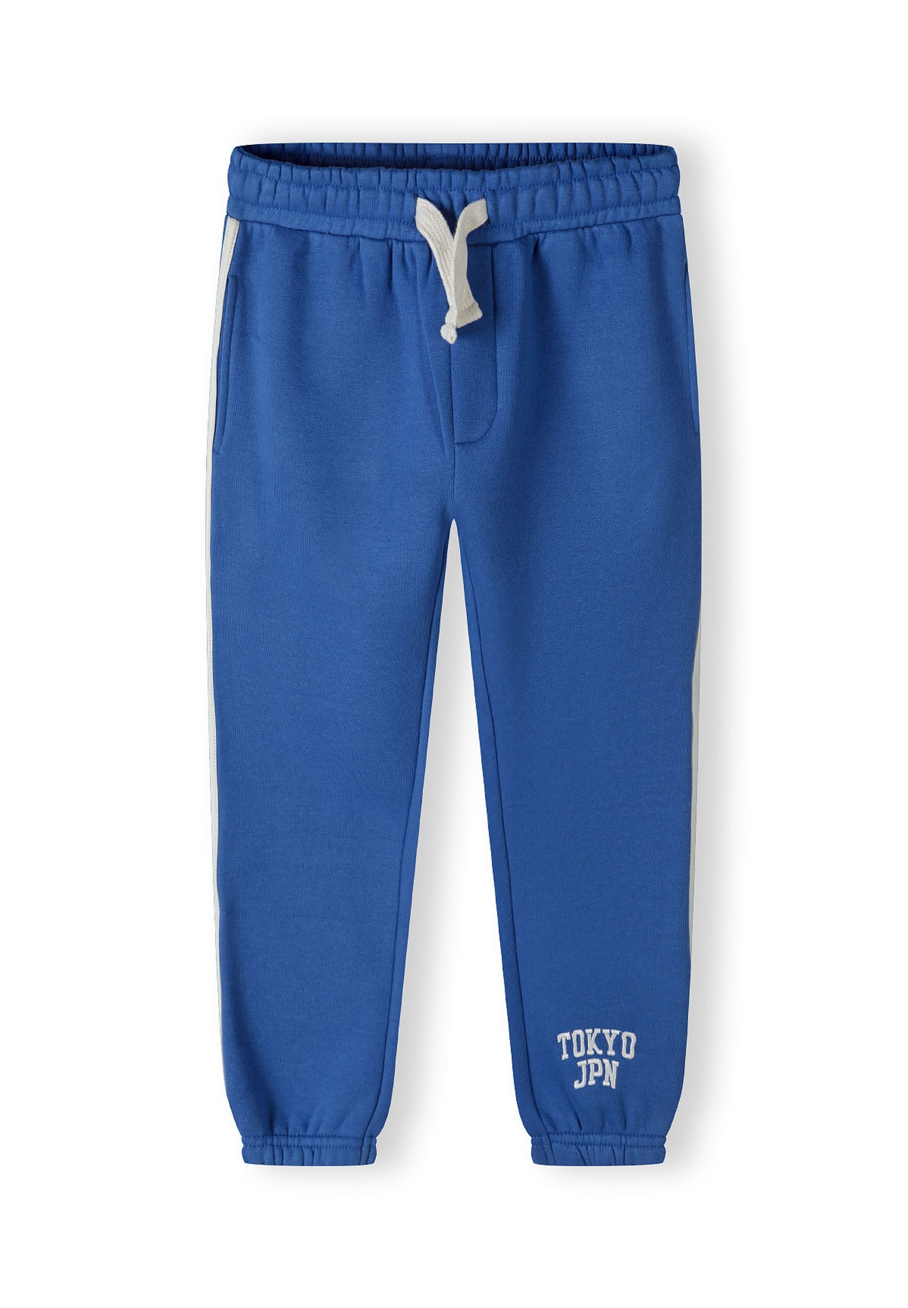 Cobalt blue joggers with side pockets and TOKYO JPN embroidery, front view.
