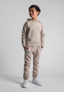 Boys hoodie and joggers set in grey, featuring a raised rubber print and ribbed cuffs.