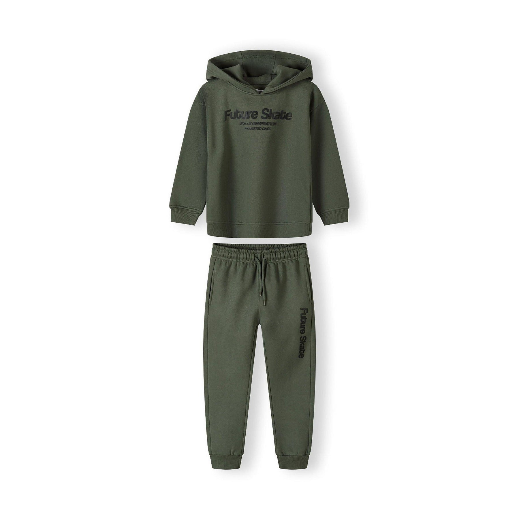 Khaki green jogger pants laid flat showing elastic waistband with drawstring and Future Skate text print on leg