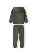 Boys khaki hoodie and joggers set, back view, features ribbed cuffs and waistband.