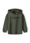 Khaki boys hoodie, front view, features 'Future Skate' print and ribbed hem.