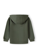 Back view of a khaki boys hoodie with a hood and ribbed hem.