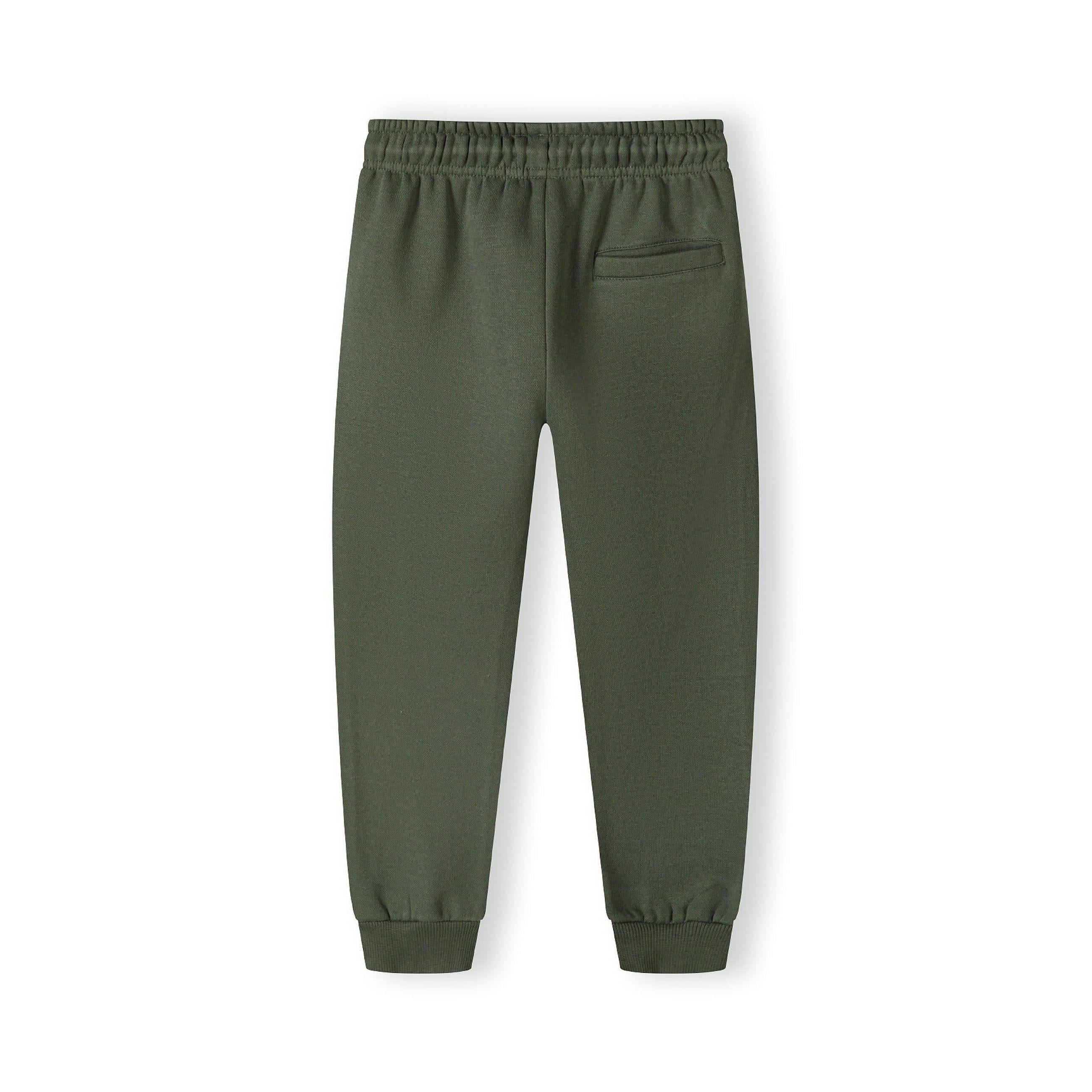 Close-up detail of khaki jogger pants showing drawstring waistband and Future Skate vertical text print on side seam