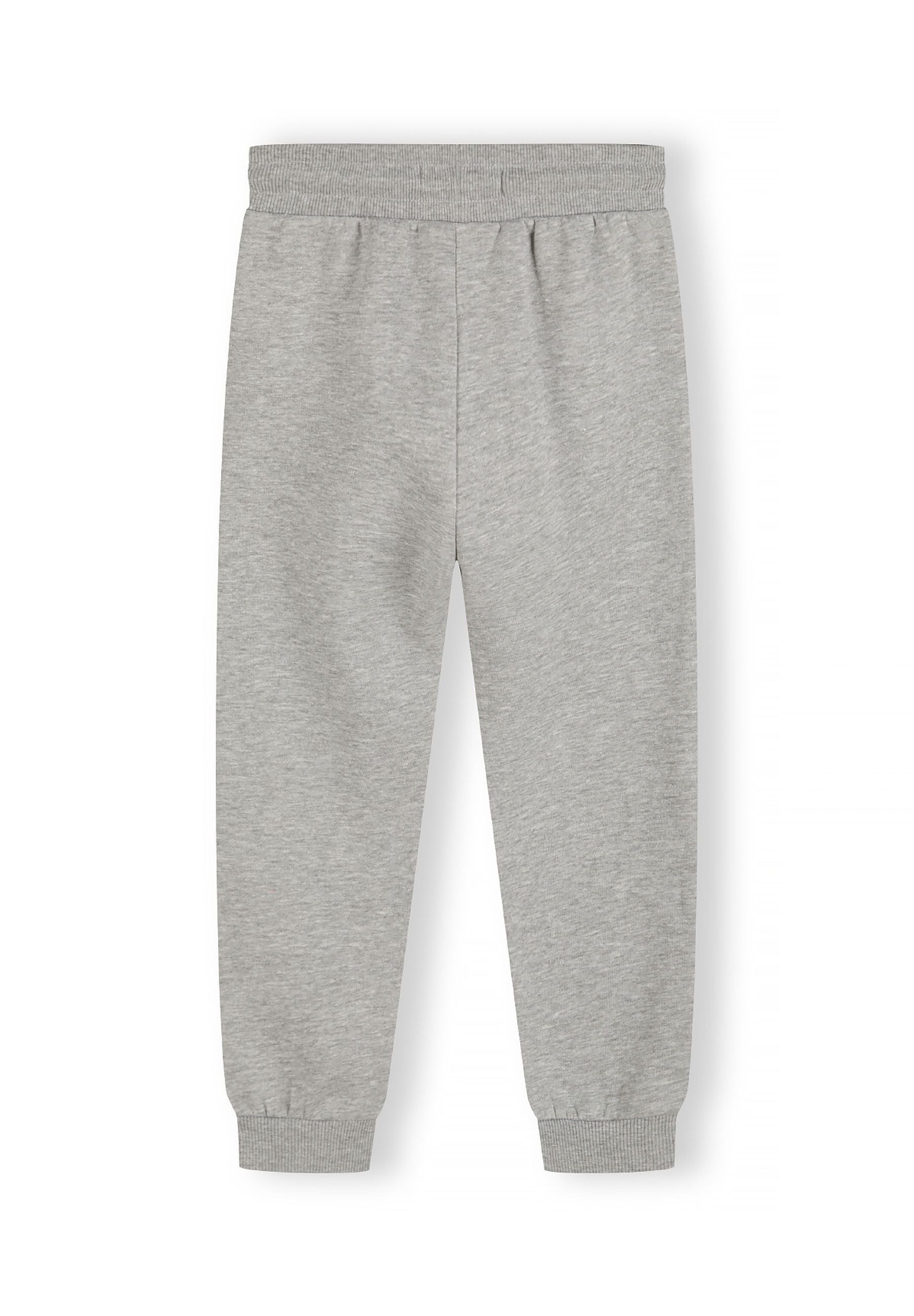 Boys joggers in grey with ribbed cuffs and adjustable drawcord, front view.