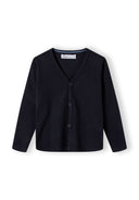 Boys fine knit cardigan, navy, front view, button-down design with v neckline.