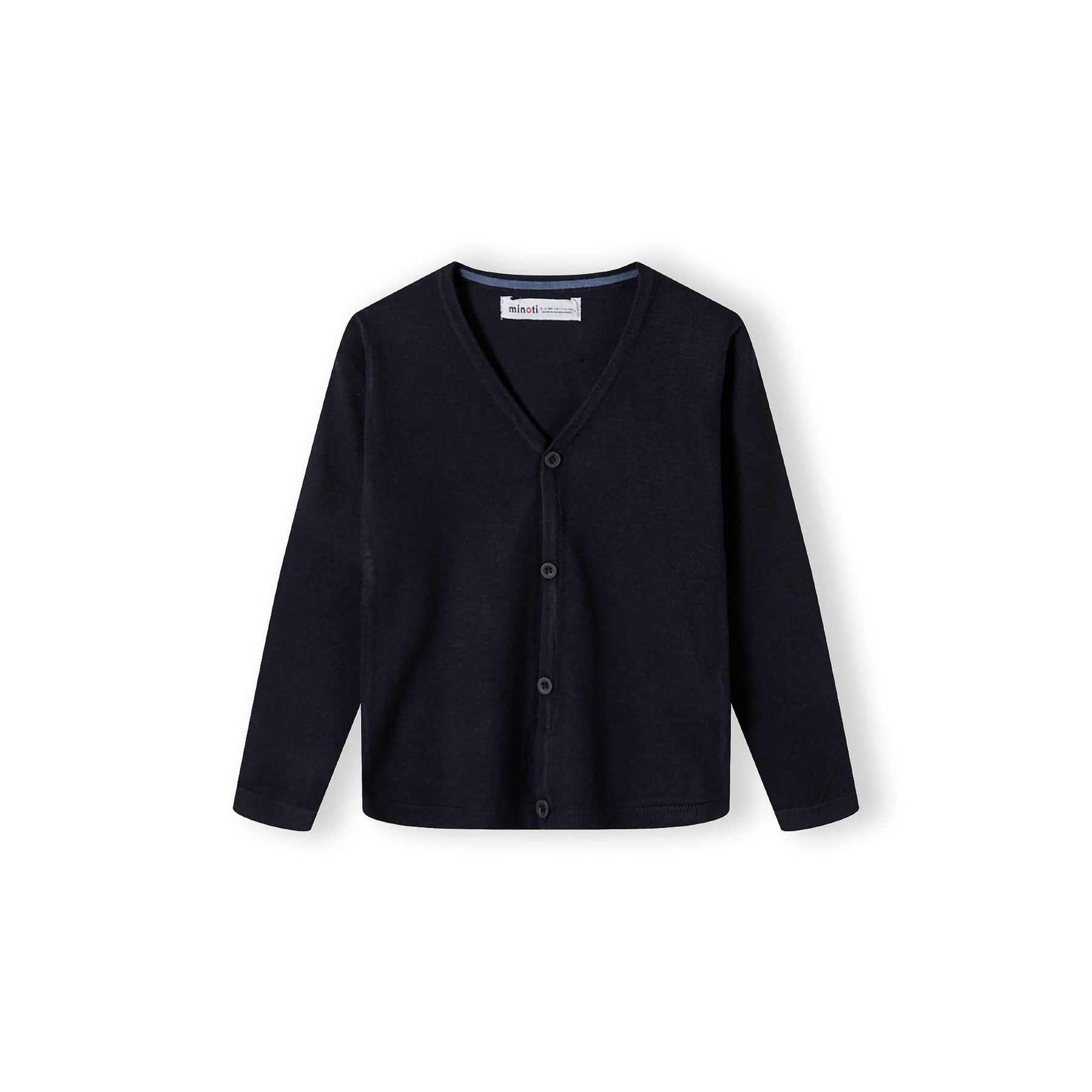 Navy fine knit cardigan front view showing button-down design with v-neckline and long sleeves on white background
