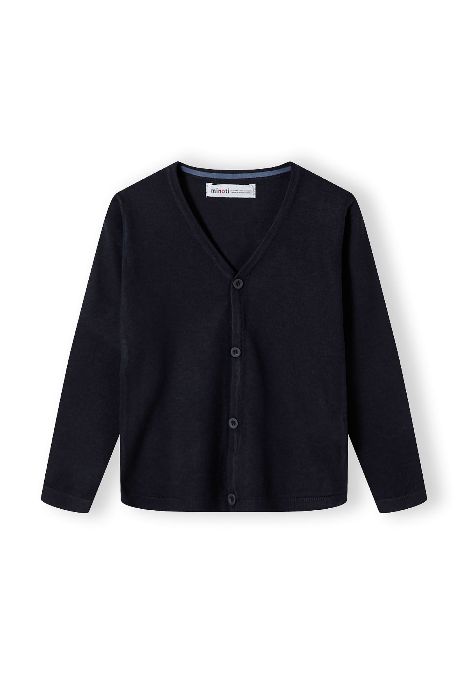 Boys fine knit cardigan, navy, front view, button-down design with v neckline.