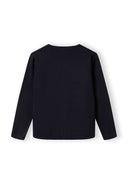 Boys fine knit cardigan, navy, back view, ribbed hem and cuffs.