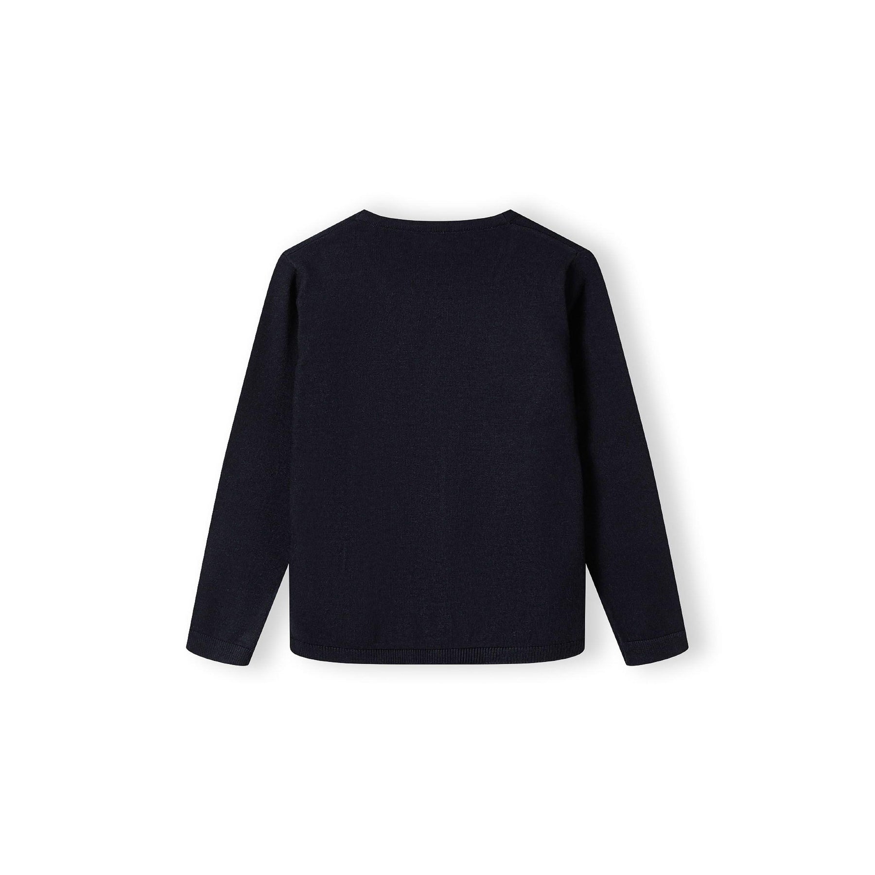 Navy fine knit cardigan back view displaying plain design with crew neckline and long sleeves on white background