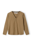 Boys fine knit cardigan, button front, beige, front view, v-neckline, ribbed cuffs.