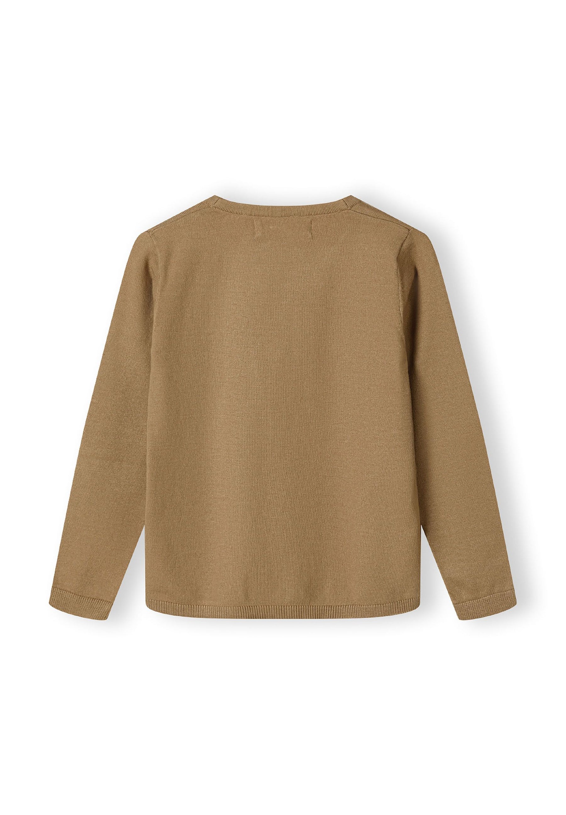 Boys fine knit cardigan, beige, back view, ribbed trims.